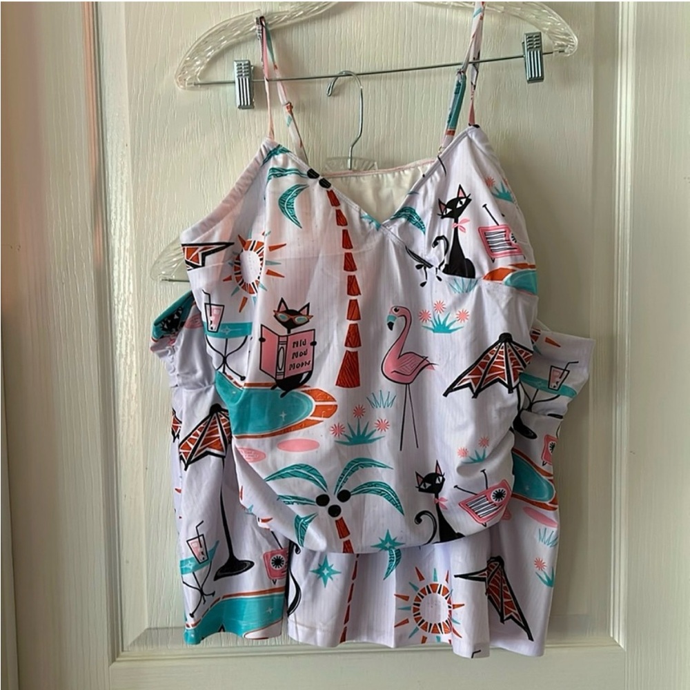 Colorful Cat and Flamingo Print Swim Suit